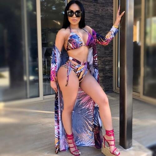 Bohemian Sexy Digital Print Swimsuit 3 Piece Set With Multicolor Ribbon Cape Beach Dress Swimsuit Party Dress 8095