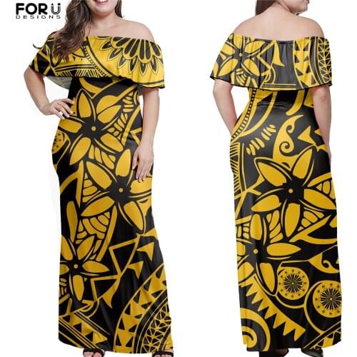 FORUDESIGNS Summer Womens Color Polynesian Hibiscus Ruffle Off Shoulder Dress Comfortable Soft Leisure Beach Dresses Vestidos