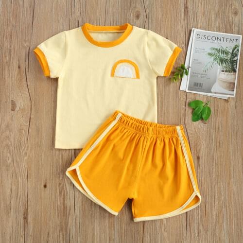2 Pieces Kids Suit Set, Unisex Round Collar Short Sleeve Pullover+ High Waist Shorts For Summer, Yellow New Style 2021