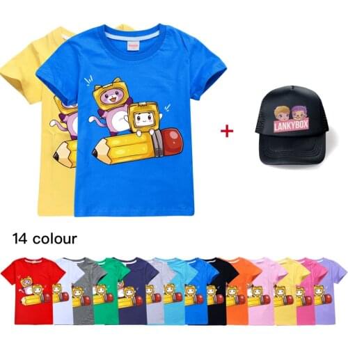 2021 New Summer Kids Lankybox Top Short Sleeve T-shirt Cotton T-shirts Girls Clothes Boys Tee costumes shirt+cap