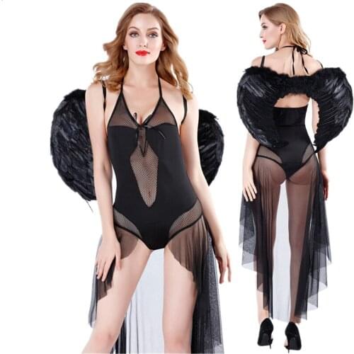 New Sexy Black Angel Vampire Demon Costume Tuxedo jumpsuit With Wings Halloween Party Game Role Play Fancy Dress
