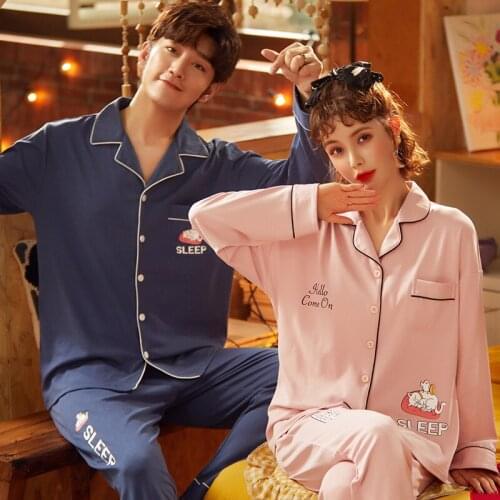 Couple Long Sleeve Homewear Sexy V-neck Cardigan Sleepwear Couple Pajamas Set Cute Pink Cartoon Nightwear Winter Cotton Pajamas