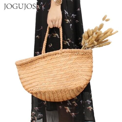 JOGUJOS Women Fashion Rattan Woven Handbag Luxury Brand Straw Bags Travel Large Capacity Totes Bag Female Beach Wicker Baskets