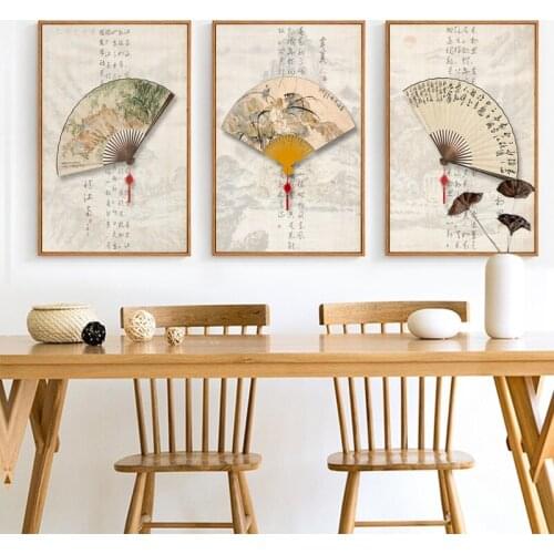 Retro Traditional Calligraphy Print Fan Art Pictures Chinese Style Study Room Wall Art Painting Home Decoration Canvas Poster