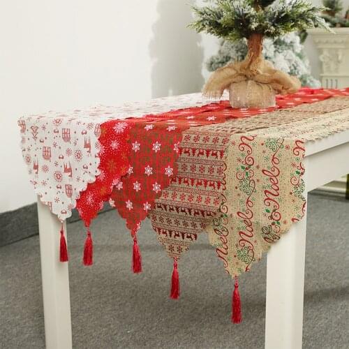 Christmas Table Runner With Tassels Xmas Snowflake Elk Printed Table Cloth For Wedding Party Home Dinning Table Decoration