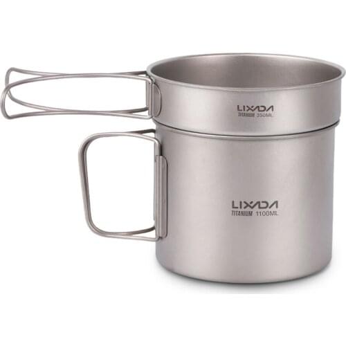 Lixada Ultralight Titanium Cookset Outdoor Camping Cookware Set 1100ml Pot and 350ml Fry Pan with Folding Handles