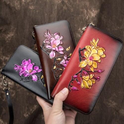 Large Capacity Embossing Flower women Genuine Leather Wallets Vintage Zipper Purses Money Coin Pocket Card Holder Long Purses