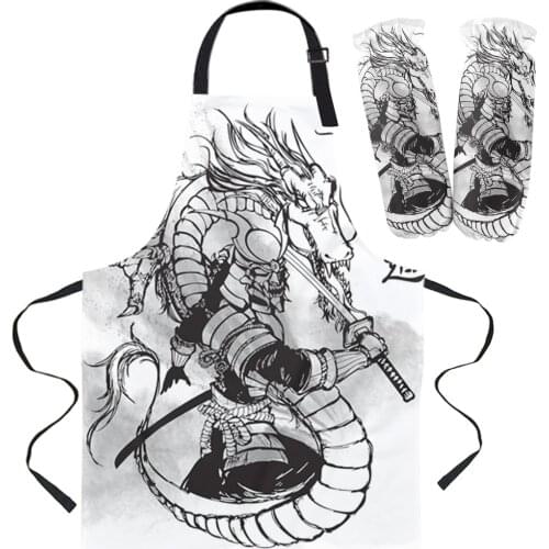 Japanese Samurai Kitchen Aprons Kit Unisex Dinner Party Cooking Bib Funny Pinafore Cleaning Apron Sleeve Baking Gloves