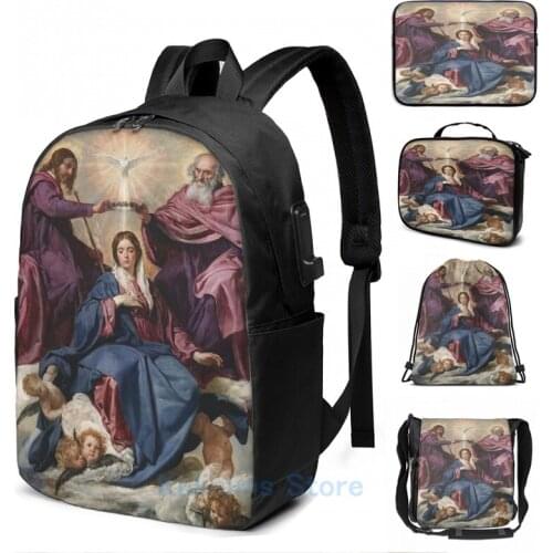 Funny Graphic print Diego Velázquez Coronation of the Virgin USB Charge Backpack men School bags Women bag Travel laptop bag