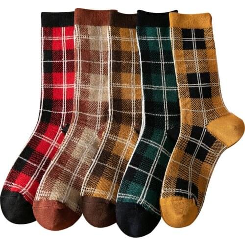 Womens Cotton Socks Style Retro Stack Socks Thousand Bird Tartan Japanese Style Preppy Fashion Sen Department Mid-tube