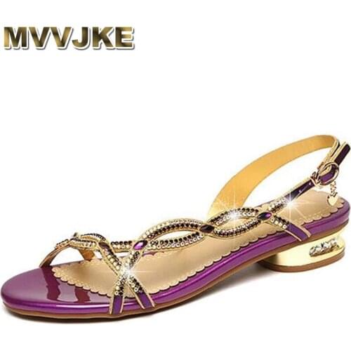 MVVJKEHot Temperament Elegant Rhinestone Sandals Summer Low Heel Shoe 2021New Open Shoes Rhinestone Fashion Sandals Women Sandal