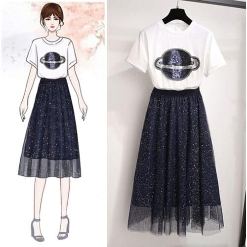 2020 Summer Sequins Mesh Skirts 2 Piece Set Women Planet Sequins Embroidery Short Sleeve Cotton Tshirt+Tulle Sequined Skirt Set