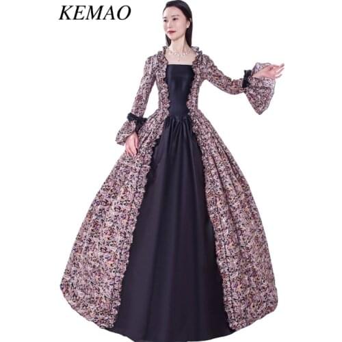 Womens Victorian Rococo Costume Vintage Cosplay Flocked Long Sleeves Bell Ankle Length ball gown party dress prom dress