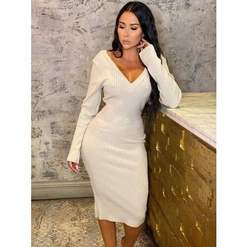 SKMY 2021 New Women Clothing Midi Dress Casual Fashion V-Neck Solid Color Long Sleeve Dress Bodycon Party Sexy Club Outfits