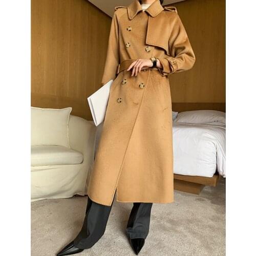 21 autumn and winter high-end new womens water corrugated double-sided cashmere coat lace up slim wool coat windbreaker