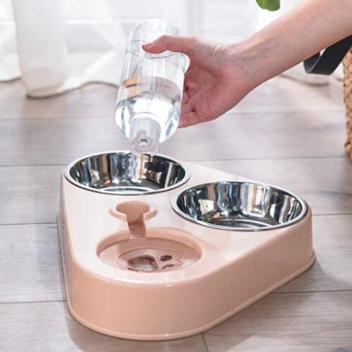 500ML 3 in 1 Dog Feeder Bowl With Dog Water Bottle Cat Automatic Drinking Bowl Cat Food Bowl Pet Stainless Steel Double 3 Bowls