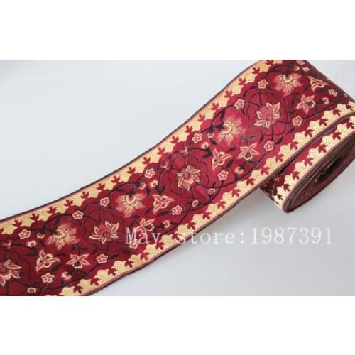 5 yards/lot Woven Jacquard Ribbon 9.5cm flowers dark red background For curtain and clothing accessory LS-0477