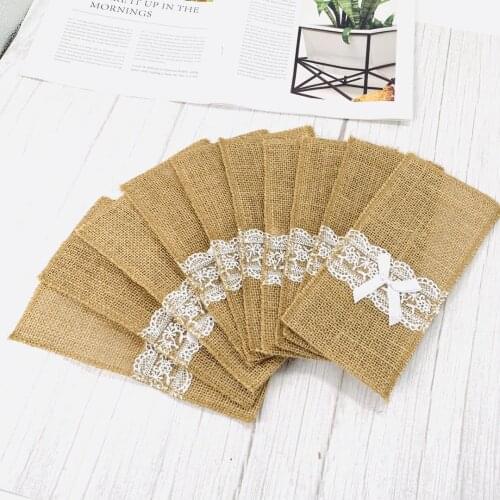 50pcs Natural Jute Burlap lace Cutlery Holders Packaging Fork and Knife for Wedding Party Decoration 11*21cm