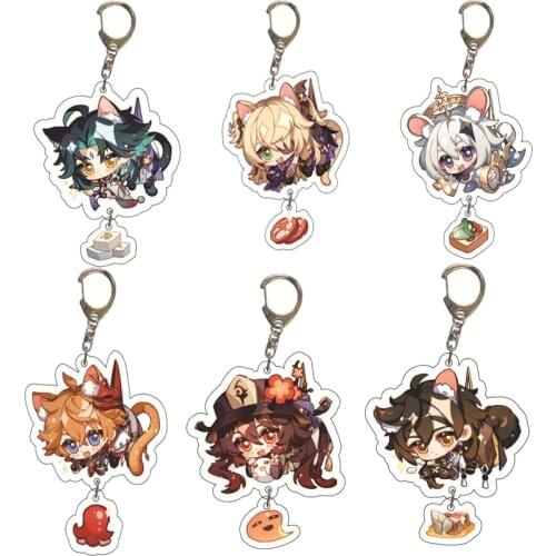 Anime genshin impact keychain zhongli xiao mona barbara amber acrylic keyfob trinket tartaglia klee keqing keyring for women men