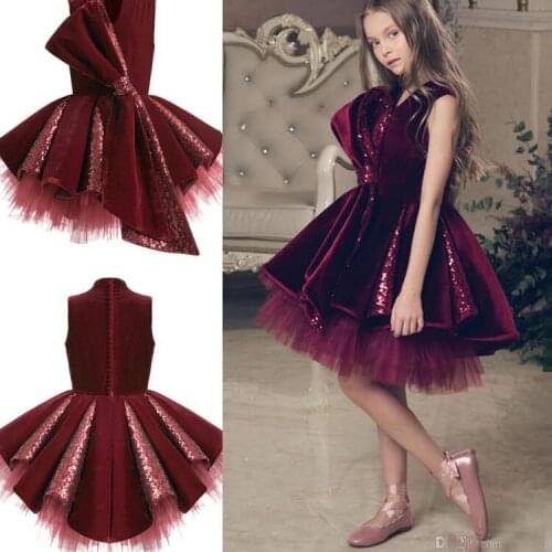 Velvet Flower Girl Dresses Little Girls Pageant Dresses Sequined Short Princess Children Wedding Gowns Flower Knee Length