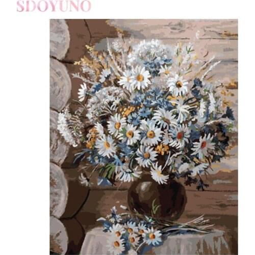 SDOYUNO white chrysanthemum DIY painting by numbers flowers kit with frame for adults HandPainted modern wall paint home decor