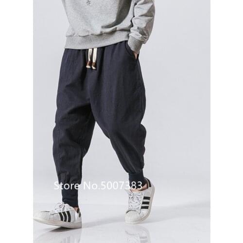 Men Harem Pants Chinese Casual Cotton Linen Retro Trouser Man Loose Jogger Baggy Japanese Crotch Leggings Plus Size M-5XL