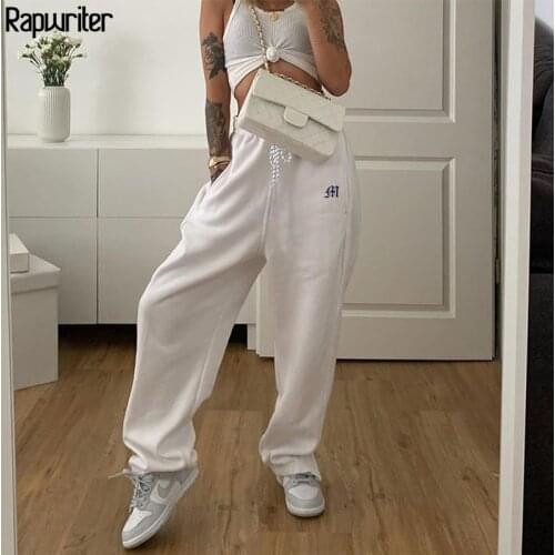 Streetwear Drawstring Embroidery Side Zipper White Sweatpants Joggers Women 2020 Harajuku Wide Trousers Hip Hop y2k Pants Capris