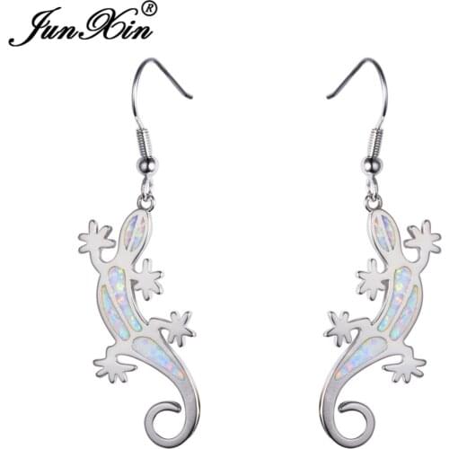JUNXIN Unique Gecko Design White Opal Earring Ethnic Earrings Silver Color Double Earrings For Women Bague Femme