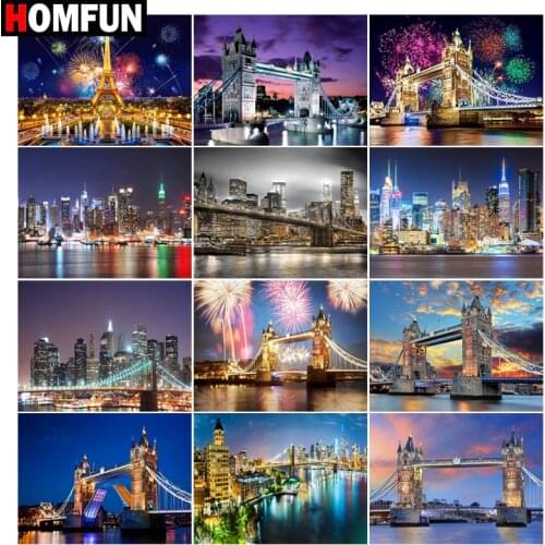 HOMFUN Paint With Diamond Embroidery "Bridge night view" Diamond Painting Full Square Round Picture Of Rhinestone Decor