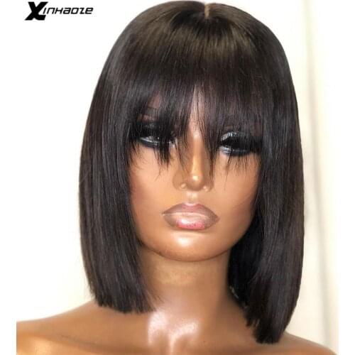 Short Bob 13x4 Lace Front Wigs Human Hair Wigs With Bangs 150% Density Natural Color Brazilian Bang Straight For Women