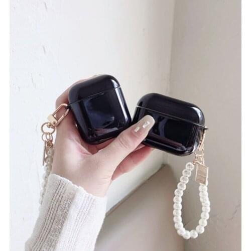 Cute Black TPU Soft Headphone Earphone Case for apple airpods 1 2 Headset Cover With Pearl Bracelet Keychain For Airpods Pro