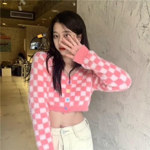 Soft Girls lovely pink plaid Sweater cute candy color buttons Plush coat Cardigans Spring Autumn Sweet Open stitch crop top