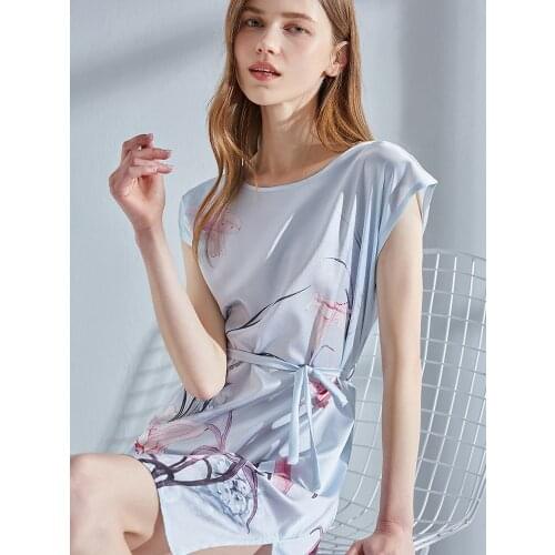 Summer 100% Natural Silk Night Dress Women Print Real Silk Nightwear Sleepwear Short Sleeve Sleeping Dress Silk Nightgowns