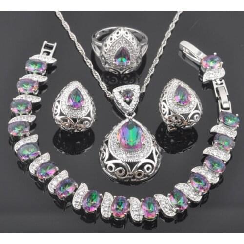 2020 New Rainbow Zirconia Silver Color Jewelry Sets For Women Engagement Bracelet Necklace Pendant Earrings Ring QS0215