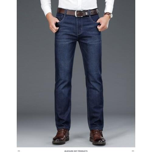 2021 Autumn Cotton New Business Jeans Men Classic Style Dark Blue Gray Stretch Denim Pants Male Straight Brand Trousers