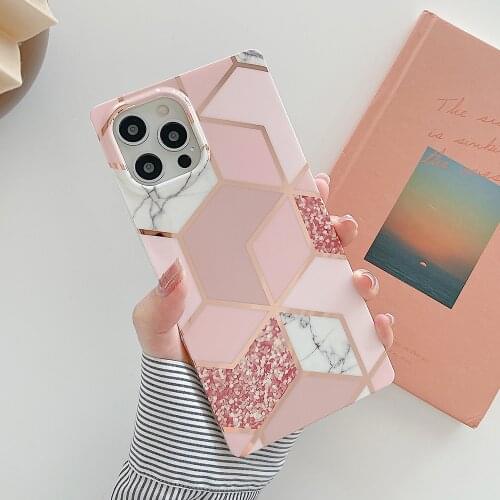 LOVECOM New Square Plating Geometric Case For iPhone 12 11 Pro Max XR XS Max 7 8 Plus X Soft IMD Marble Phone Back Cover Cases
