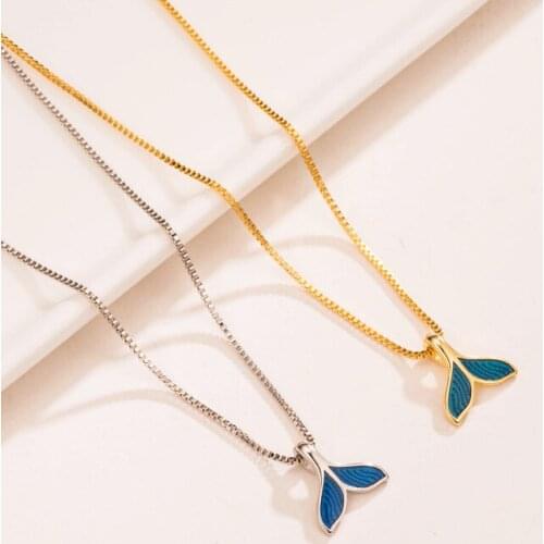 S925 Women Necklce Fashion Simple Blue Fishtail Pendant Necklace Mermaid Tail Whale Chain Necklace Charming Jewelry for Girls