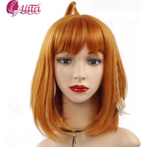 Synthetic Wigs for Women False Hair Yellow Orange Color 2019 Spring New Arrivals Female Wig Cosplay 12 Inch Short Wig with Bangs
