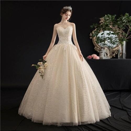 Strapless Wedding Dress 2021 New Champagne Lace Up Ball Gown Princess Vintage Lace Embroidery Wedding Dresses H103