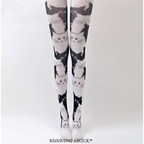 Spring Cute White Cat With Black Printed Women 2018 New Pantyhose Cartoon