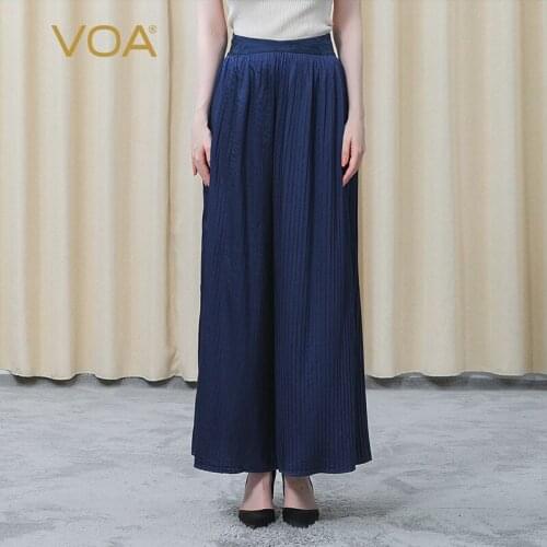 VOA Summer Silk Satin Micro-elastic Trousers KE502 Tendon Elastic Waist Line Wooden Ear Breathable Wide-leg Pants for Women