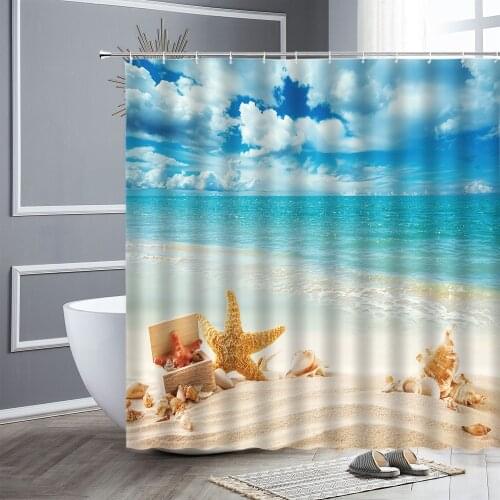Waterproof Conch Starfish Blue Sea Beach Printing Shower Curtain Sets Home Wall Decors Bathroom Curtains Fabric Bath Accessories