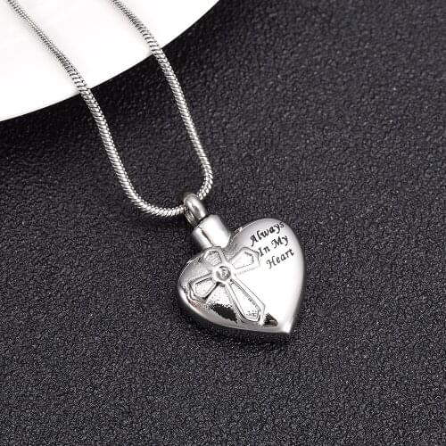 XWJ10057 Cross Engraving Stone Inlay "Always In My Heart" Memorial Urn Necklace Animal/ Human Ashes Holder Cremation Urn Pendant