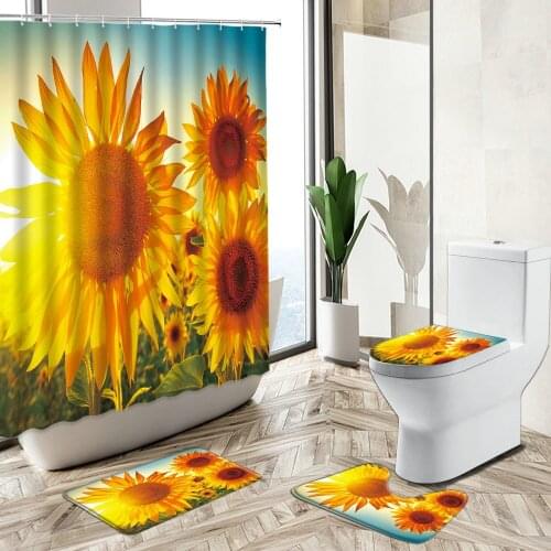 Sunflower Natural Scenery Shower Curtain Yellow Flower Bathroom Set Rural Farmhouse Decor Non-Slip Carpet Toilet Cover Floor Mat