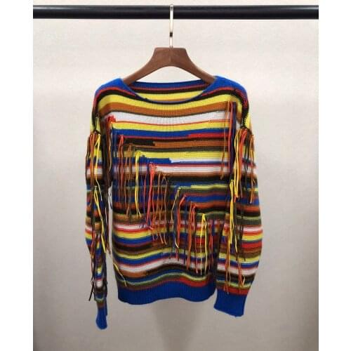 New Ladies Fashion 2021 Long Sleeve Sexy Casual Color Tassel Striped Cashmere Top 1019