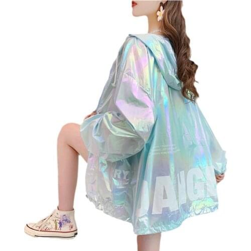 Mermaid White Sunscreen Clothes Womens 2021 New Summer Wild Thin Coats Student Thin Zipper Jacket Colorful Tops Loose Hooded W9