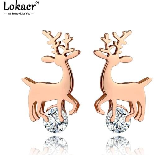 Lokaer Trendy Titanium Stainless Steel Reindeer Earrings Jewelry White CZ Crystal Stud Earrings For Women Christmas Gift E20016