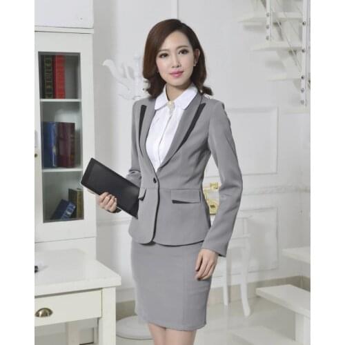 Fashion Formal Skirt Suits for Women Winter 2015 Custom made Gray Blazer Ladies Work Wear Office Uniform Plus Size