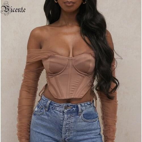 VC Womens Top Summer Tulle Draped Stitching Strapless Sexy Side Cross Lace Champagne Cropped Top