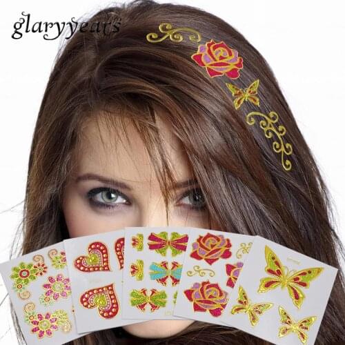 1 Piece Metallic Flash Hair Sticker Butterfly Flower 14 Designs HT400 Waterproof for Women Body Hair Art Tattoo Sticker Reusable